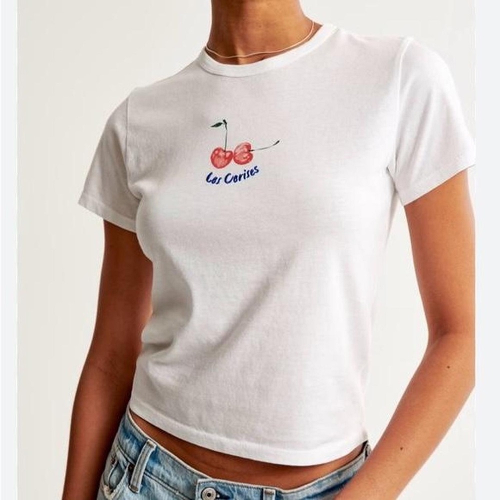 Abercrombie & Fitch White Baby Tee with Cherry Graphic